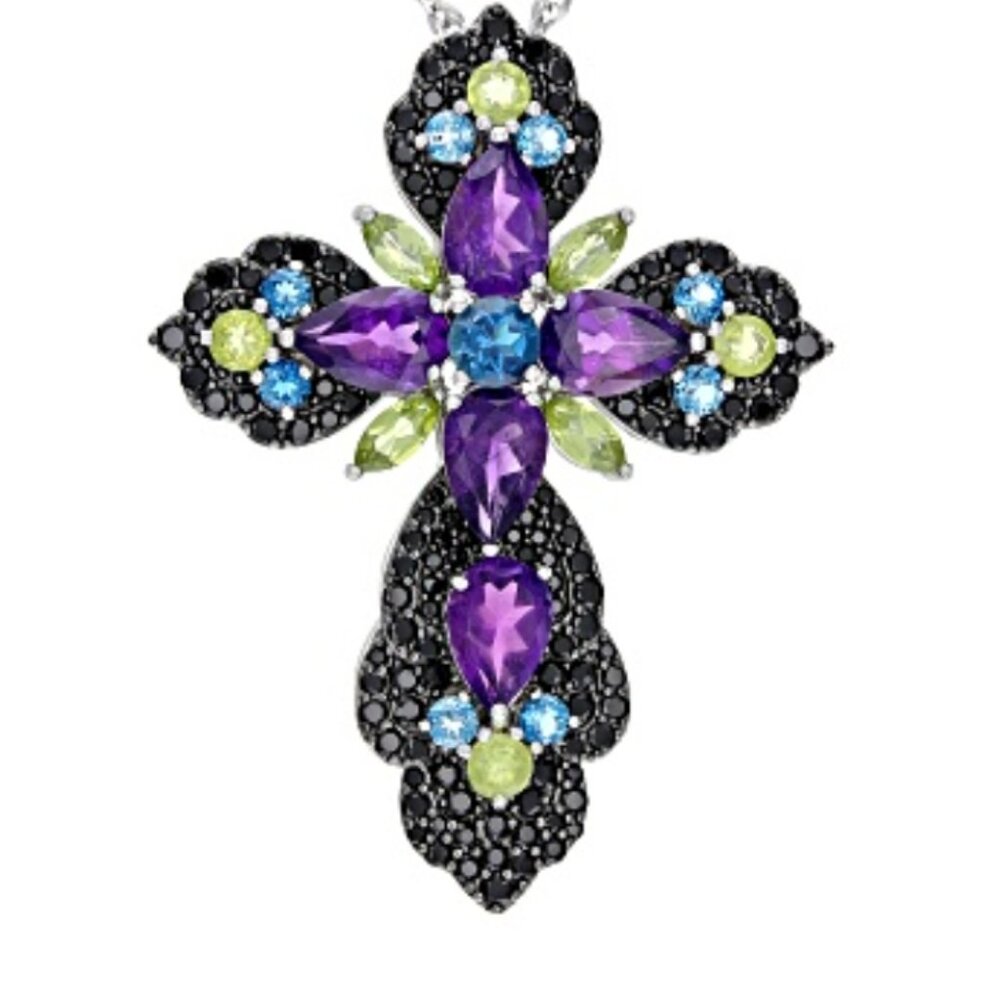 10.95ctw Multi-Gem Silver Cross Pendant With 26" chain.